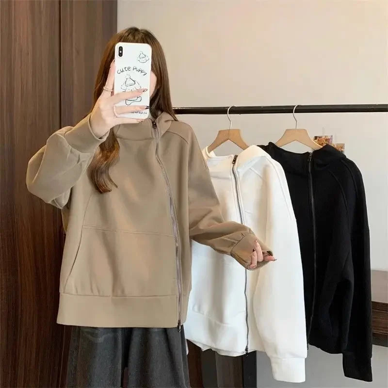 Plus Size Women Belly covering Hooded Diagonal Zipper Long sleeved Sweatshirt for Fat Girls Loose