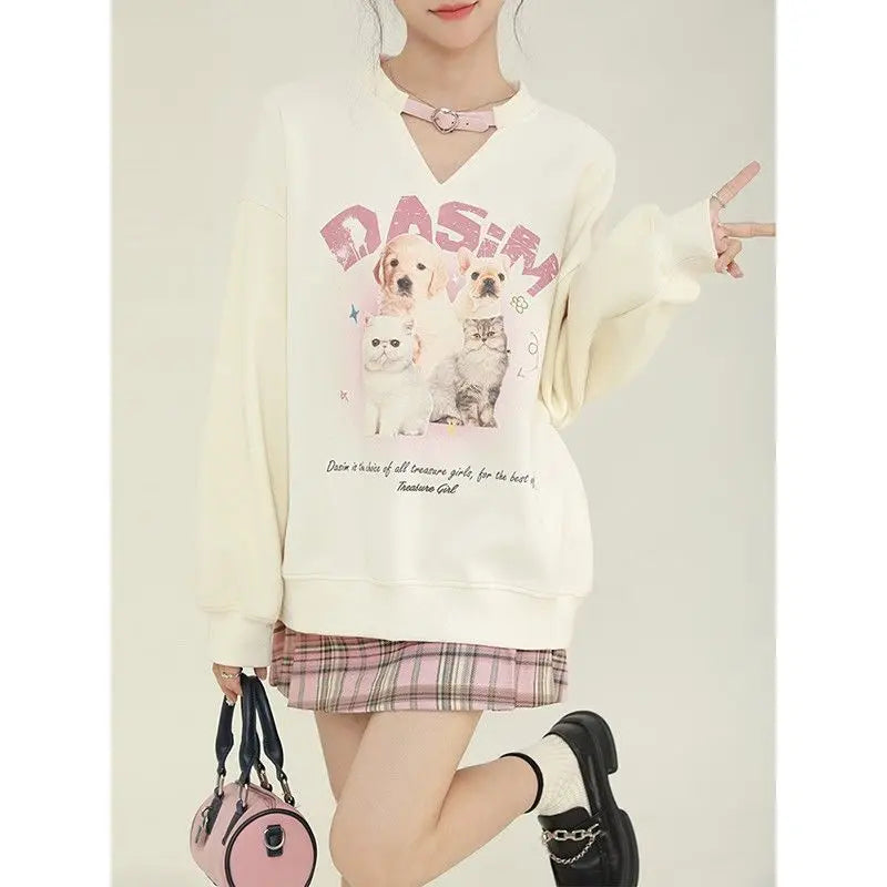 College-stijl schattige bedrukte fleece hoodie met lange mouwen voor dames en uniek ontwerp Sense Niche Loose