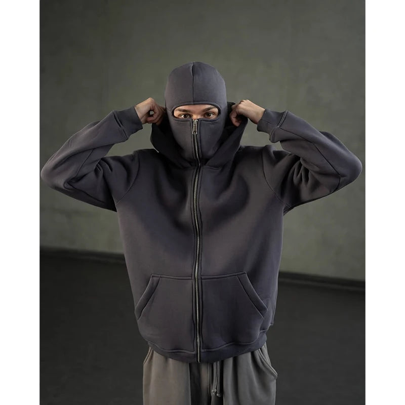Men s Double Hat Mask Zipper Design Winter Windproof Hoodie Sports Jacket