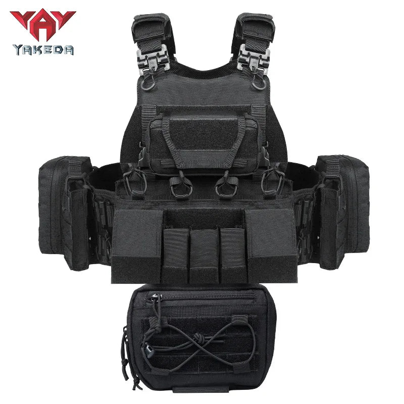 8832yakeda tactical vest is equipped with multiple accessory packs and an expandable Molle system