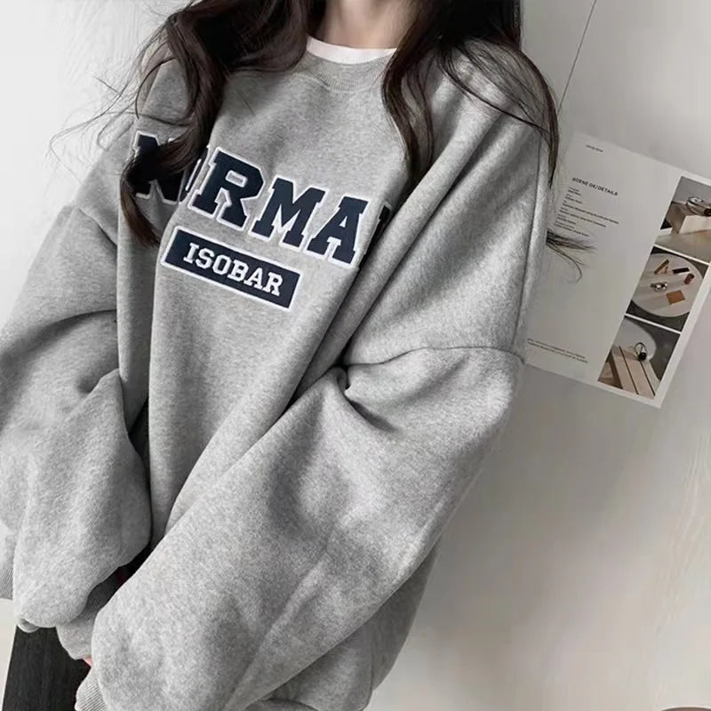 Grijze ronde hals dikke sweatshirts voor dames Losse letterprint truien voor