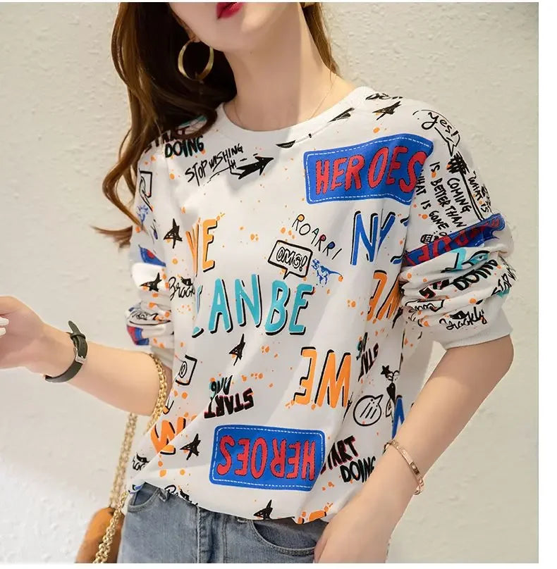 Classic Fashion Printing Letter Sweatshirts Women Long Sleeve Loose O collar Slim Casual All match