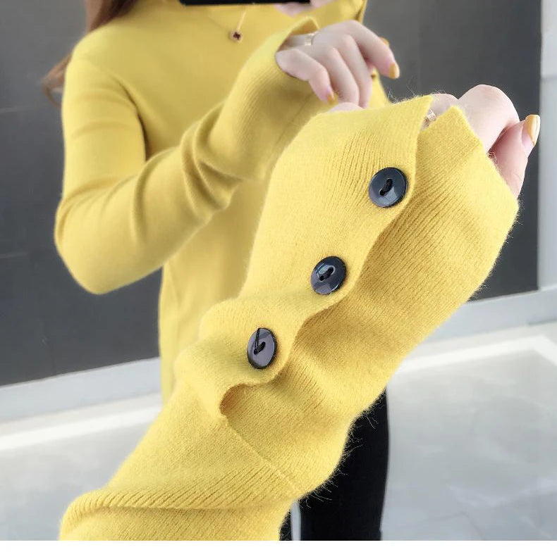 Heliar Dames Turtleneck Knopen Effen Warme Trui Lange Mouw Gebreid Basic