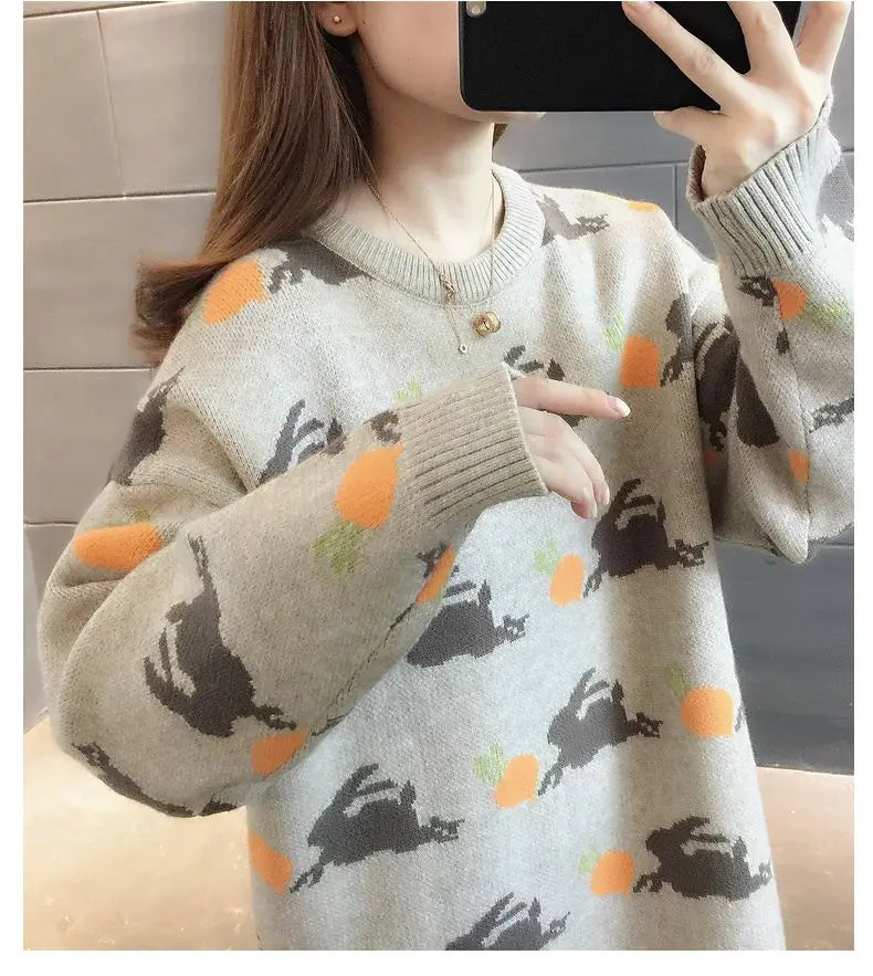 Retro Medium to Long Length Outerwear Fashionable Versatile Women s Sweater Wide Elastic Knitted