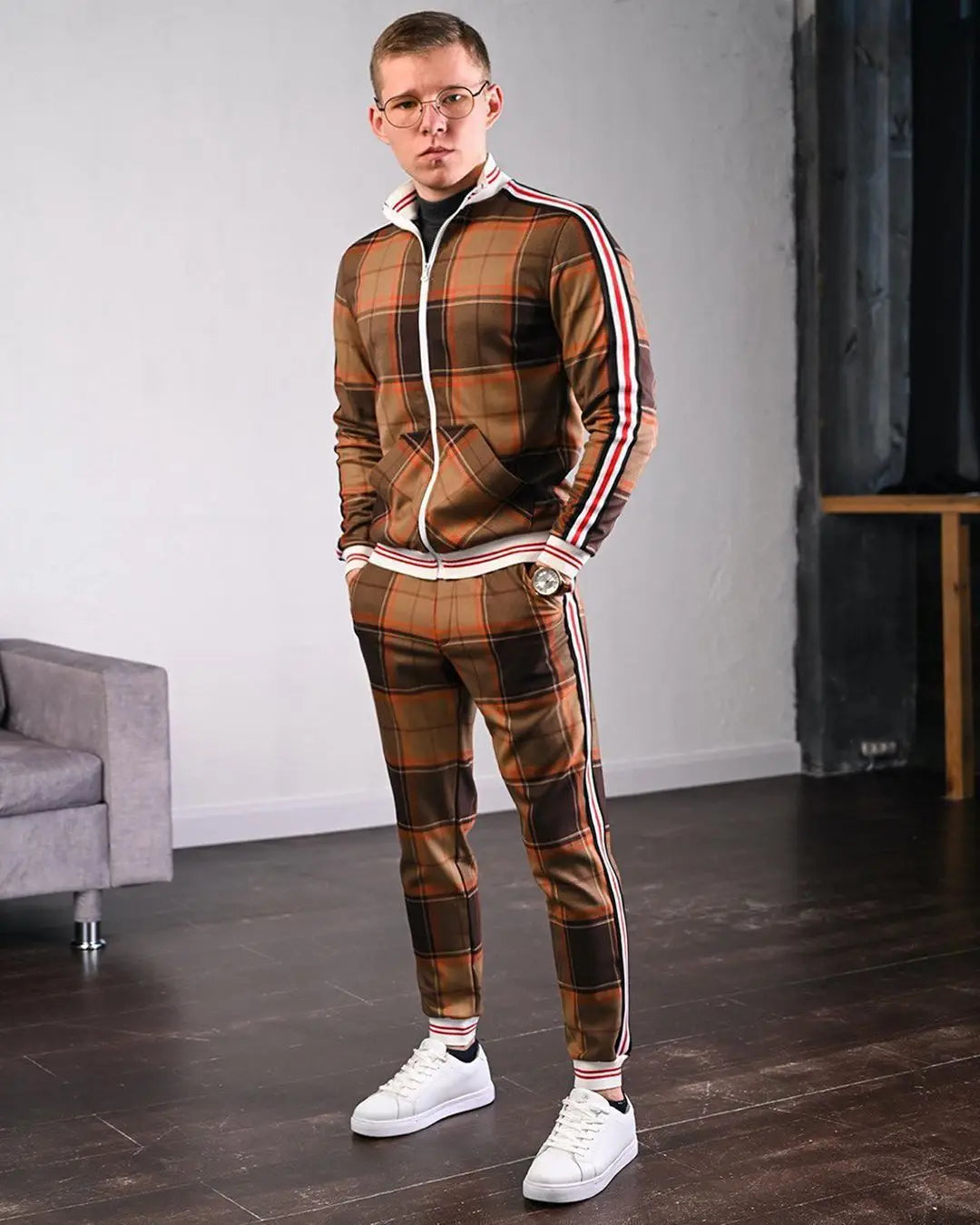Mens Tracksuits Colorful Plaid Casual Zipper Hoodie Set 3D Print Set Autumn Male