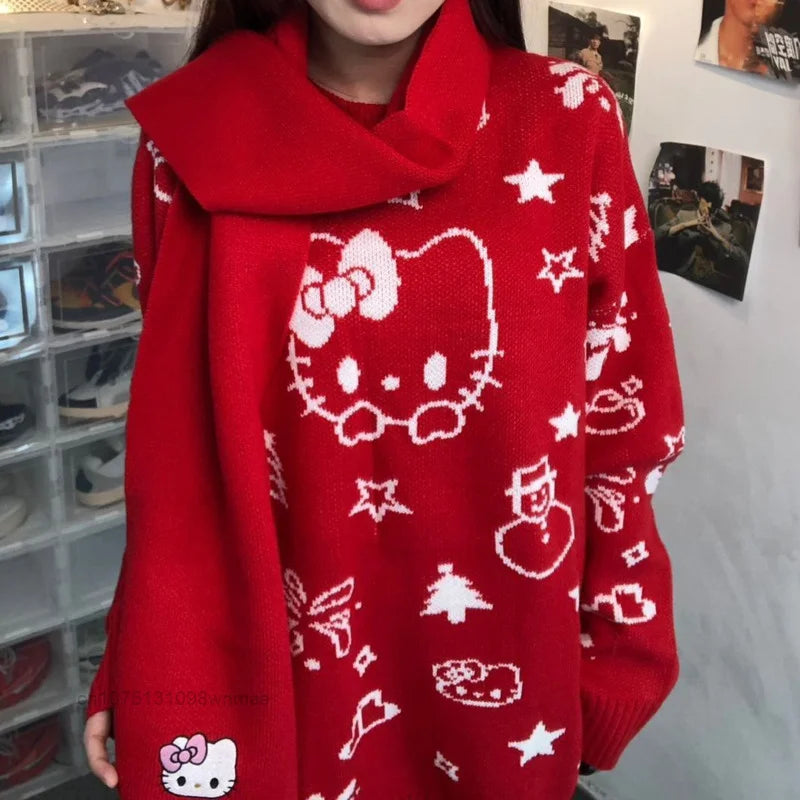 Kerst Hello Kitty schattige gebreide trui met sjaal voor vrouwen Y2k