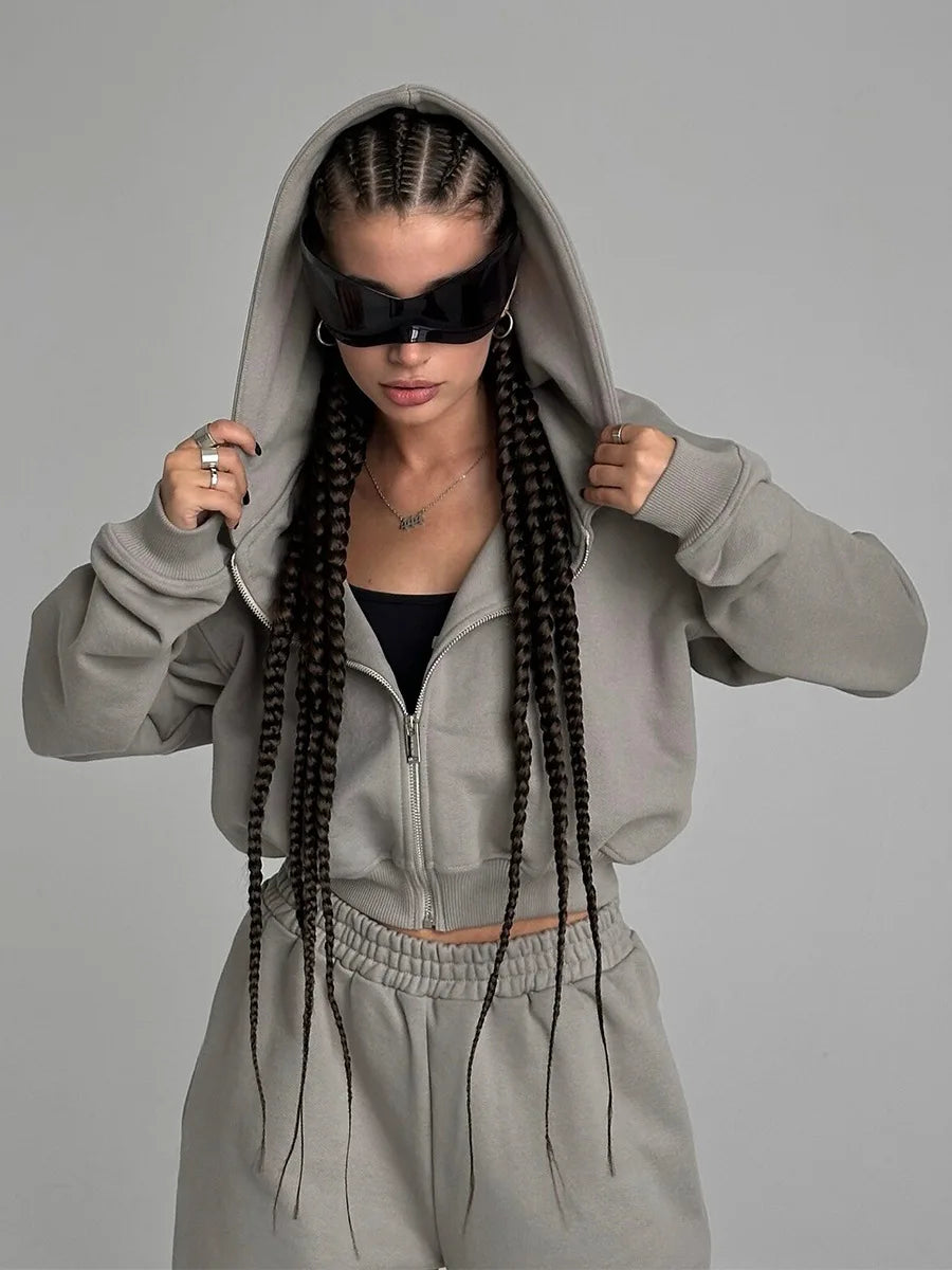 Bornladies Dames Cropped Hoodie Sweatpants Set Losse Trekkoord Taille Ritssluiting