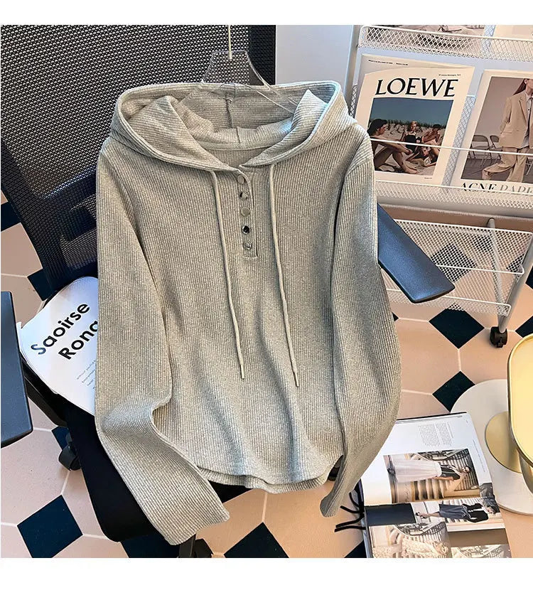 Uniek geknoopt T-shirt met capuchon voor dames, lente/herfst, onregelmatige korte mouwen, lange mouwen, basislaag
