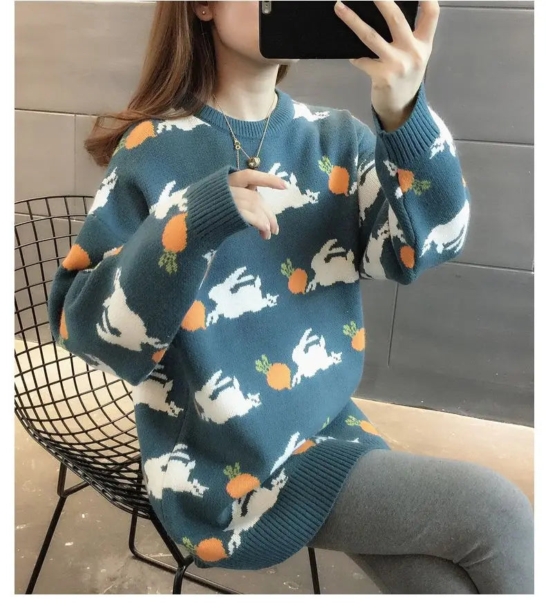 Retro Medium to Long Length Outerwear Fashionable Versatile Women s Sweater Wide Elastic Knitted