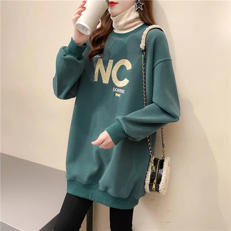Autumn Winter High Collar Long Sleeve Fleece Thick Oversize Streetwear Female Sweatshirt Fake 2