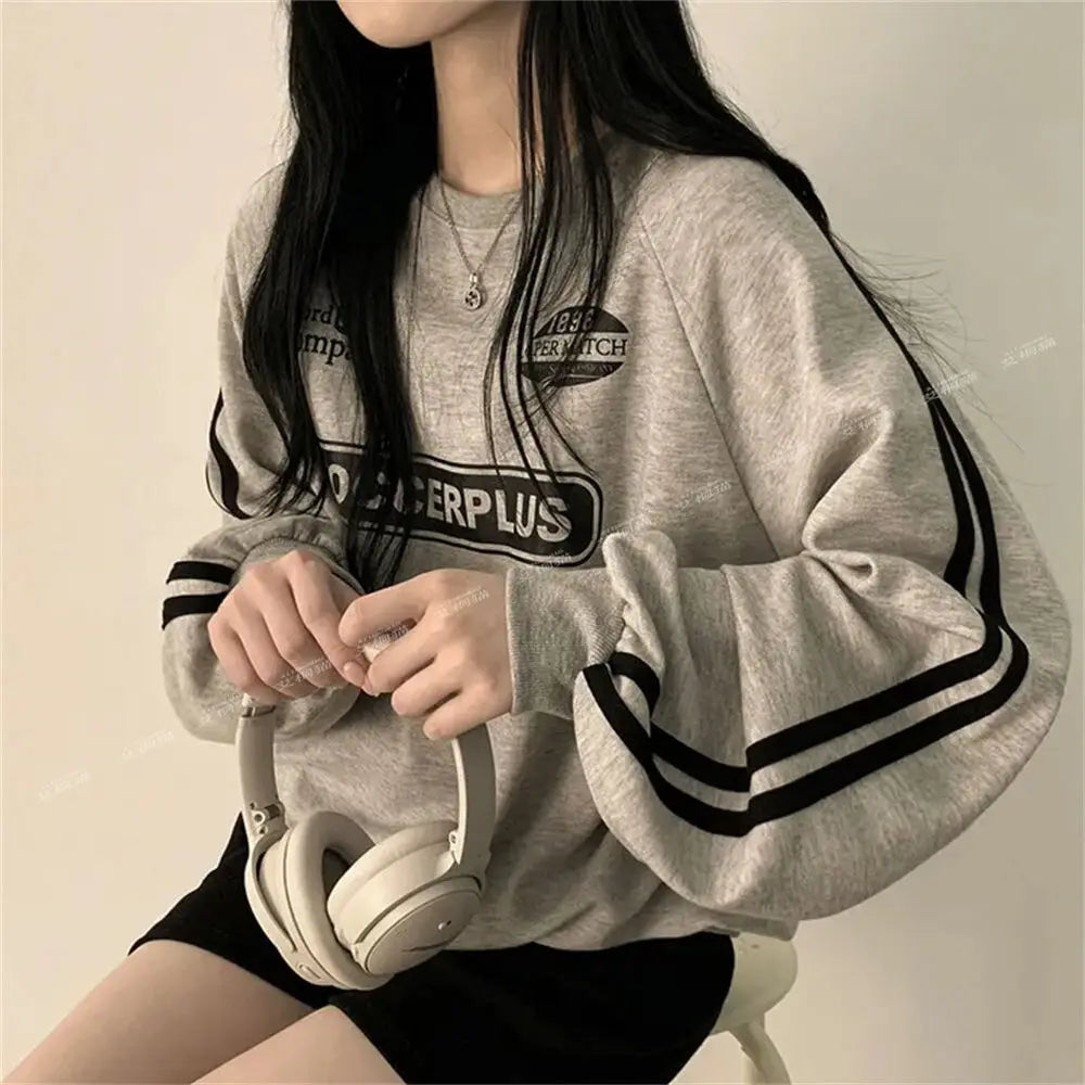 American Thin Round Neck Sweatshirt Women in Spring Autumn Korean Loose Versatile Top