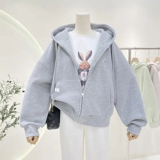 Ritsjack met capuchon, eenvoudig geborduurde letters, losse effen kleur, cardigan, trui, damestop