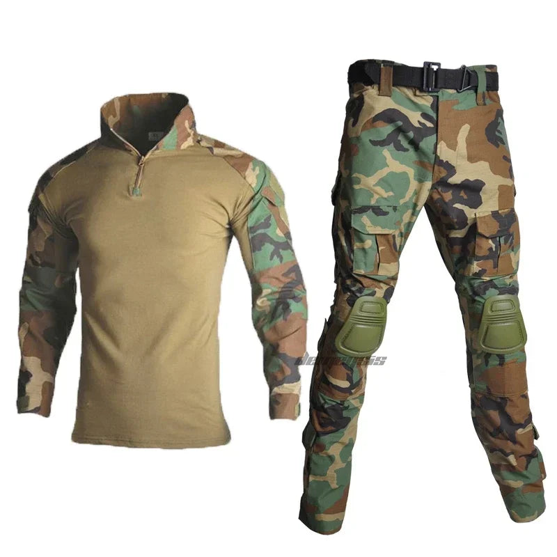 Tactical Camouflage Uniform Clothes Mens Outdoor Paintball Hunting Combat Shirt + Pants with Knee