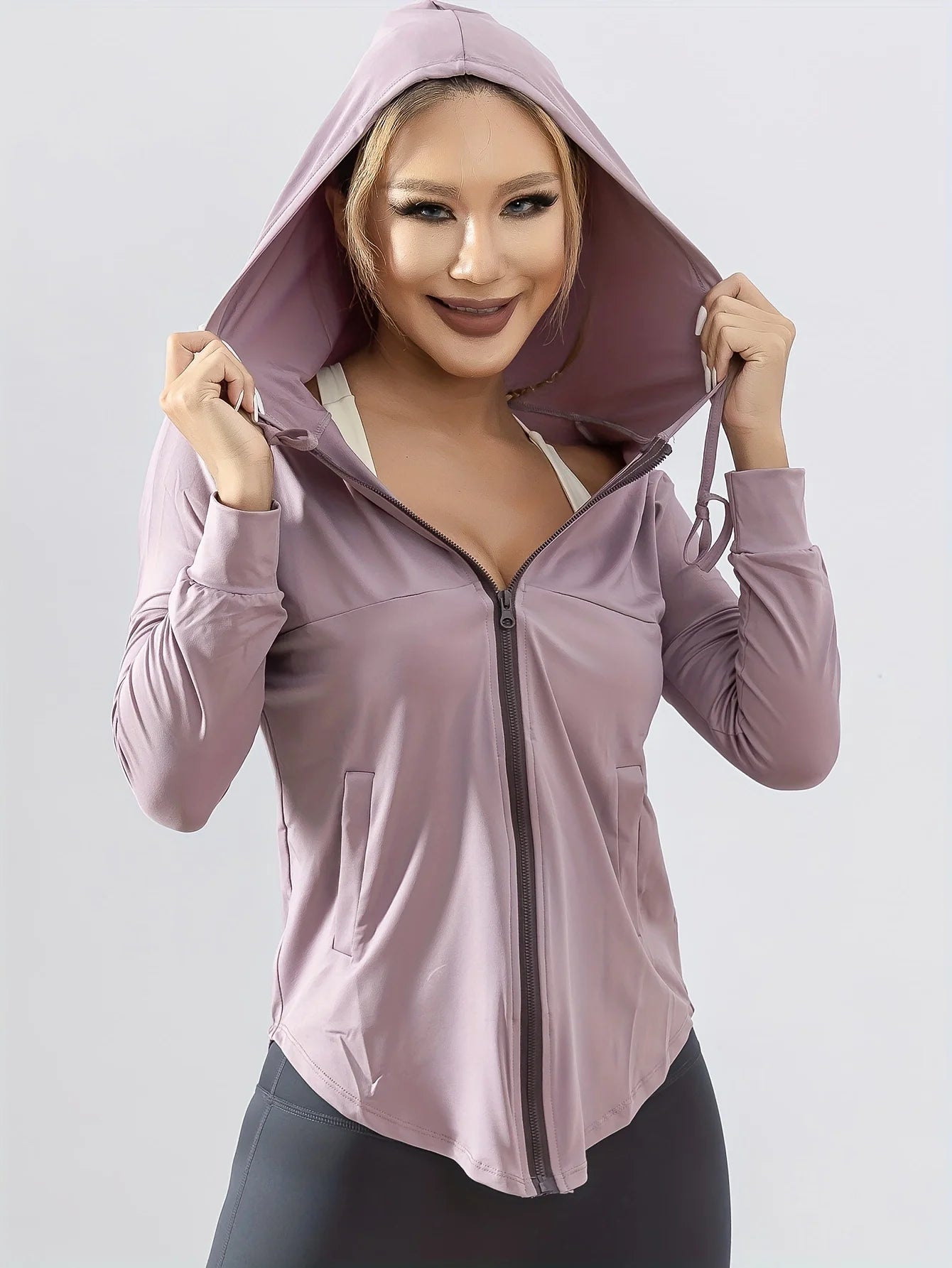 Sportjas met capuchon voor dames, los hardloopjack, grote maat, fitnesskleding, sneldrogend