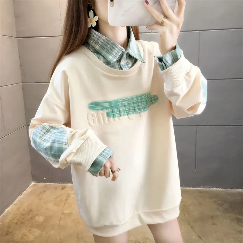 Fake Two Hoodies voor vrouwelijke studenten Koreaans ontwerp Patchwork Dun Lange mouwen Los Veelzijdig