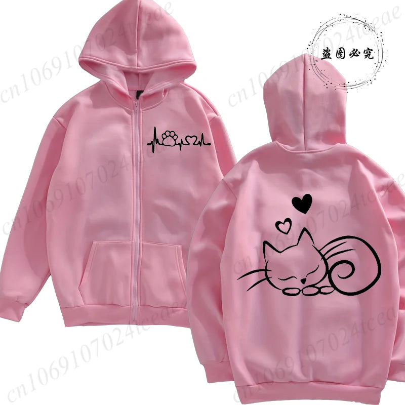 Dames Hoodie met Ritssluiting, Herfst Winter, Schattige Kat, Heatbeat Sweatshirt, Hiphop