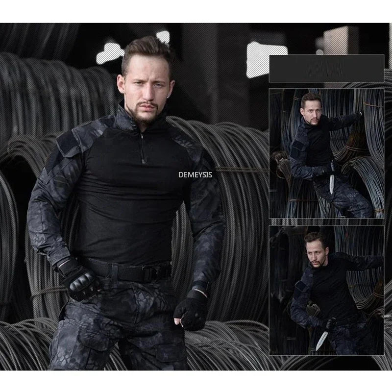 Tactical Camouflage Uniform Clothes Mens Outdoor Paintball Hunting Combat Shirt + Pants with Knee