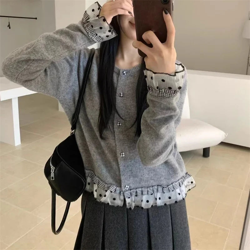 Koreaanse patchwork gebreide cardigan dames polka dot lange mouwen trui jassen