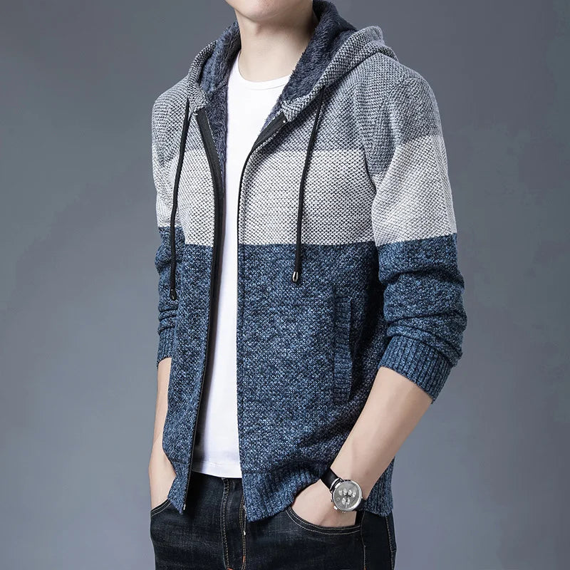 Men s Casual High Neck Long Sleeve Knitted Hoodie Coat Velvet Warmth Autumn Winter Fashion Multi