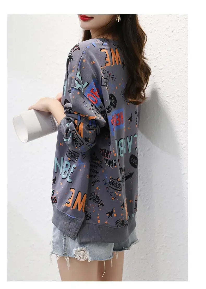 Classic Fashion Printing Letter Sweatshirts Women Long Sleeve Loose O collar Slim Casual All match