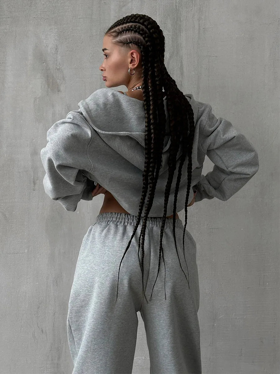 Bornladies Dames Cropped Hoodie Sweatpants Set Losse Trekkoord Taille Ritssluiting