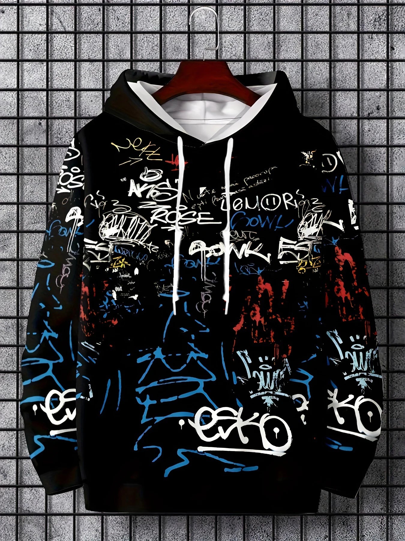 Fashionable men s autumn personalized letter graffiti print soft and comfortable hooded sweatshirt
