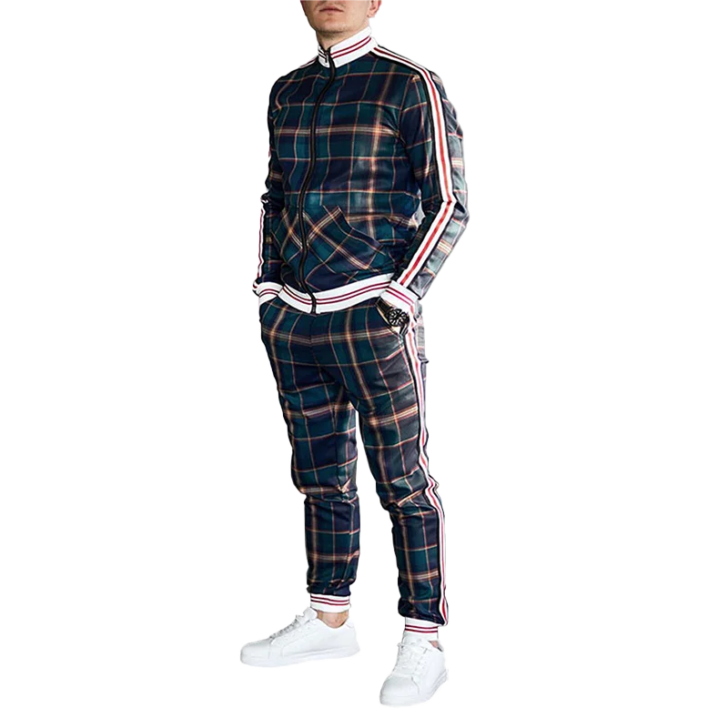Mens Tracksuits Colorful Plaid Casual Zipper Hoodie Set 3D Print Set Autumn Male
