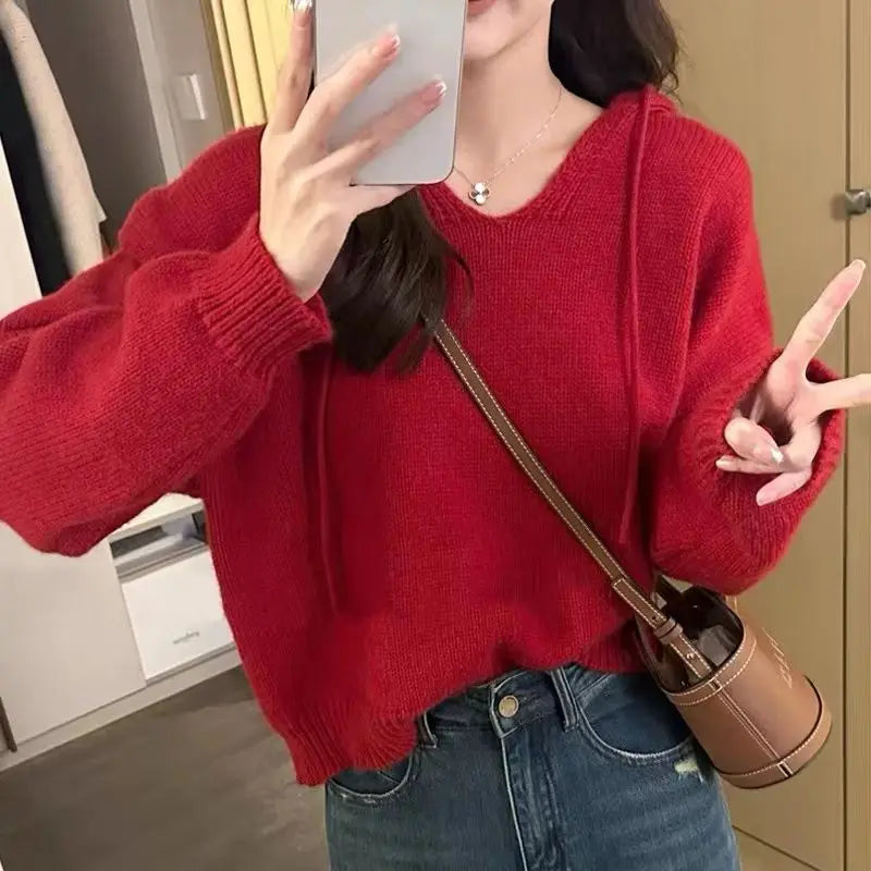 Koreaanse gebreide hoodie met capuchon, effen kleur, zachte en losse bedekking