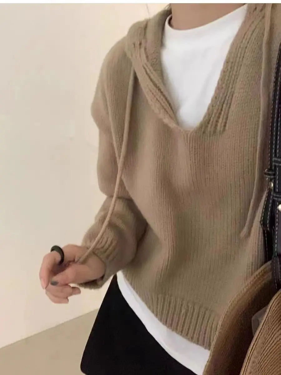 Koreaanse gebreide hoodie met capuchon, effen kleur, zachte en losse bedekking