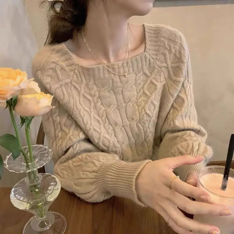 Однотонный свитер-фонарик с квадратным воротником и винтовой резьбой, длинный рукав