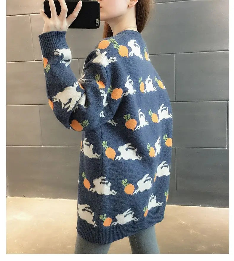 Retro Medium to Long Length Outerwear Fashionable Versatile Women s Sweater Wide Elastic Knitted