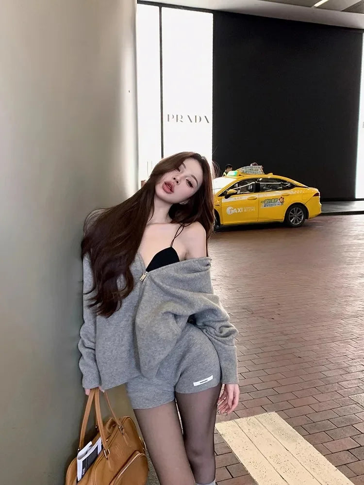 Retro Girl Grijs Gebreide Rits Hoodie Y2k Amerikaans Pak Dames Hoge Taille