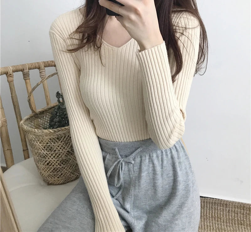 Heliar Dames V-hals Slim Sexy Trui Gebreid Lange Mouw Effen Onderkant Trui