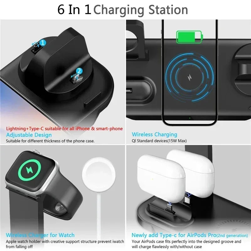 6-in-1 15W draadloze opladerstandaard voor iPhone 16, 15, 14, Samsung, Xiaomi, Apple