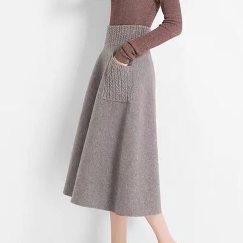 Biyaby Winter Dames Gebreide Midi Rokken Koreaanse Twee Zakken Katoenen Lange Rok