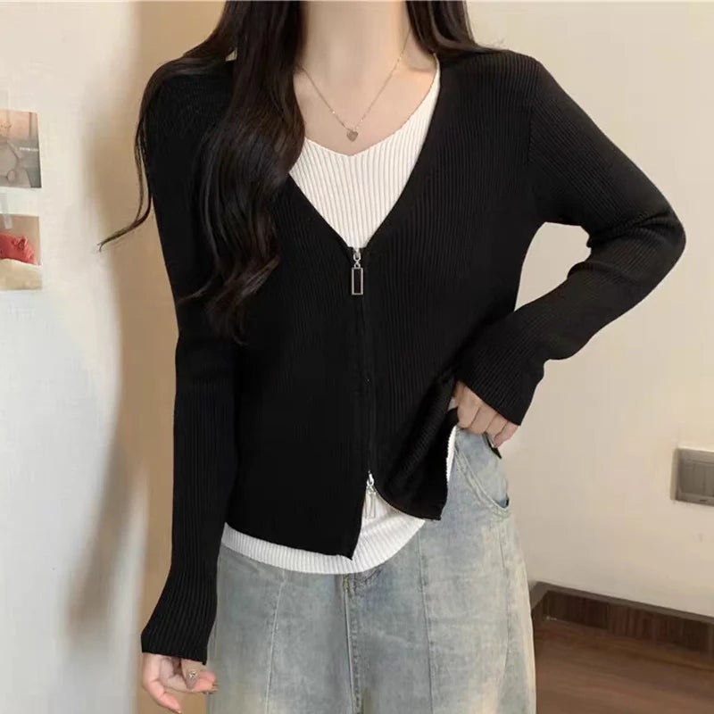 Mode valse tweedelige trui dames lente herfst mix kleur V-hals gebreid