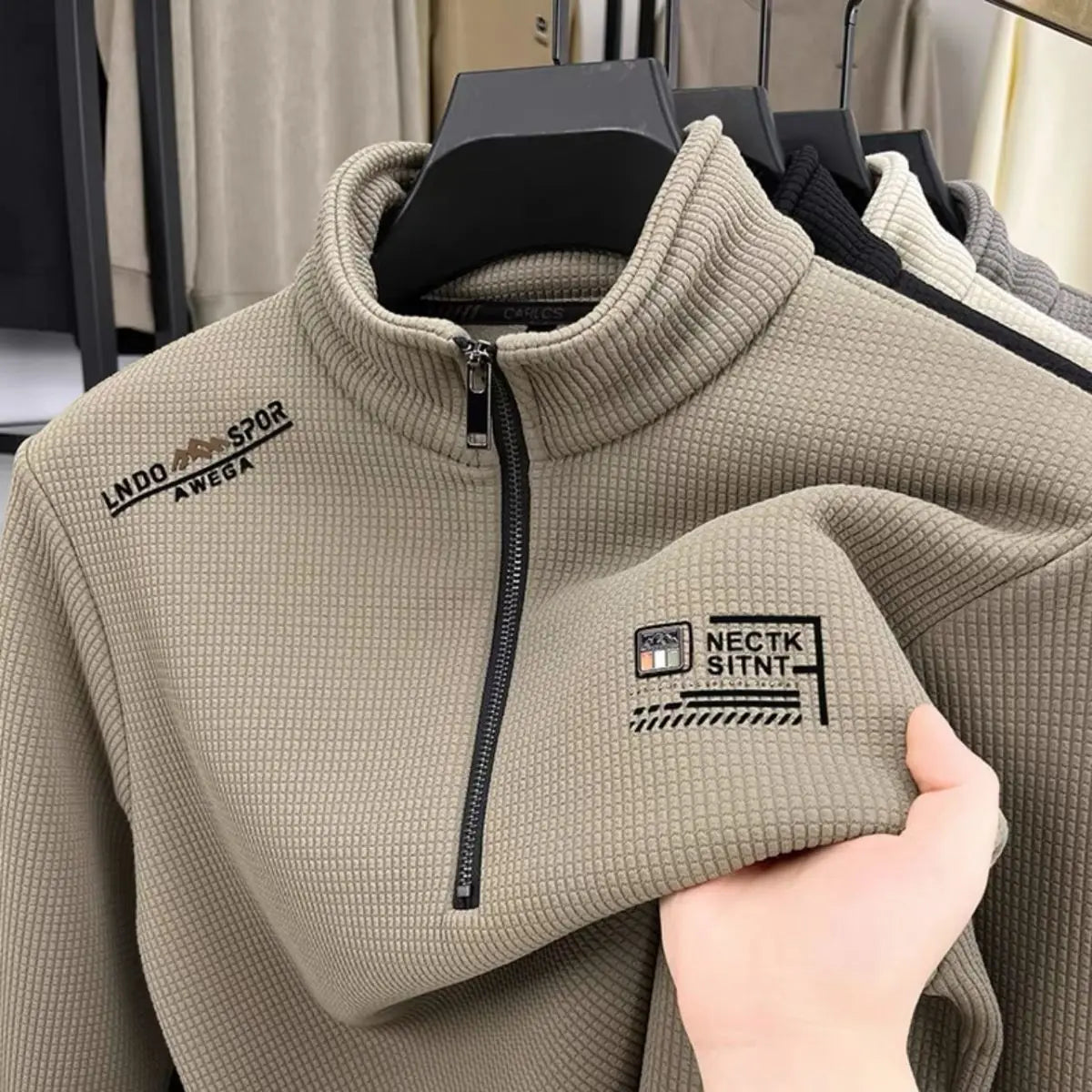 Men s Fleece Liner Sweatshirts Vintage Half Zipper Print Plaid Texture Thick Wool Warm Pullover