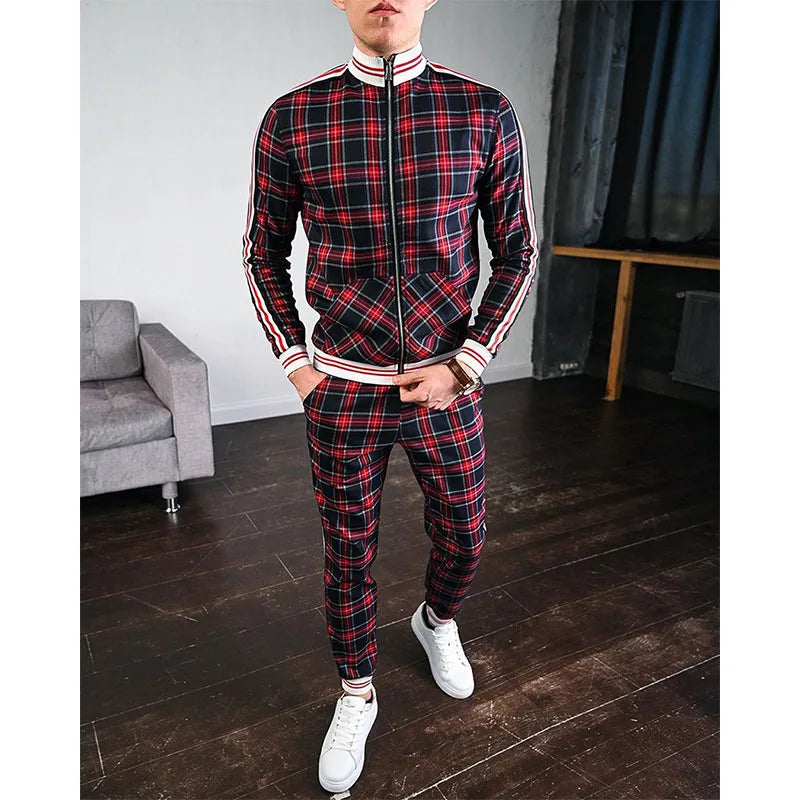 Mens Tracksuits Colorful Plaid Casual Zipper Hoodie Set 3D Print Set Autumn Male