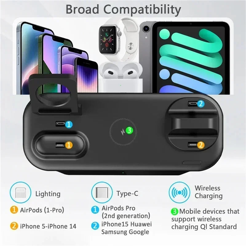 6-in-1 15W draadloze opladerstandaard voor iPhone 16, 15, 14, Samsung, Xiaomi, Apple