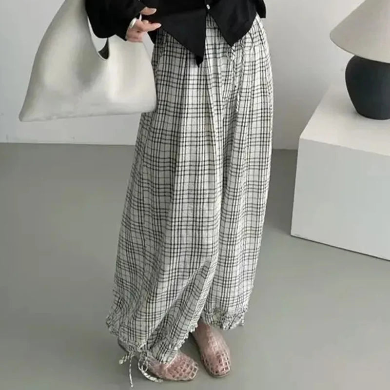 Zomer casual geruite lange broek voor vrouwen met trekkoord en wijde pijpen, losse broek voor vrouwen