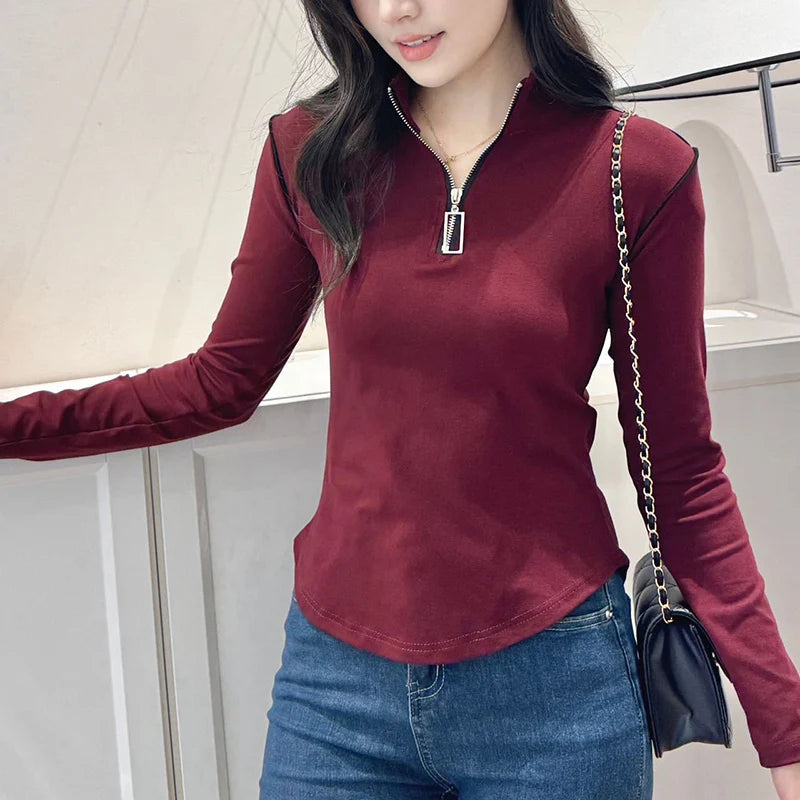 Koreaanse ritsen lange mouwen T-shirt voor vrouwen staande kraag slim fit trui vrouw