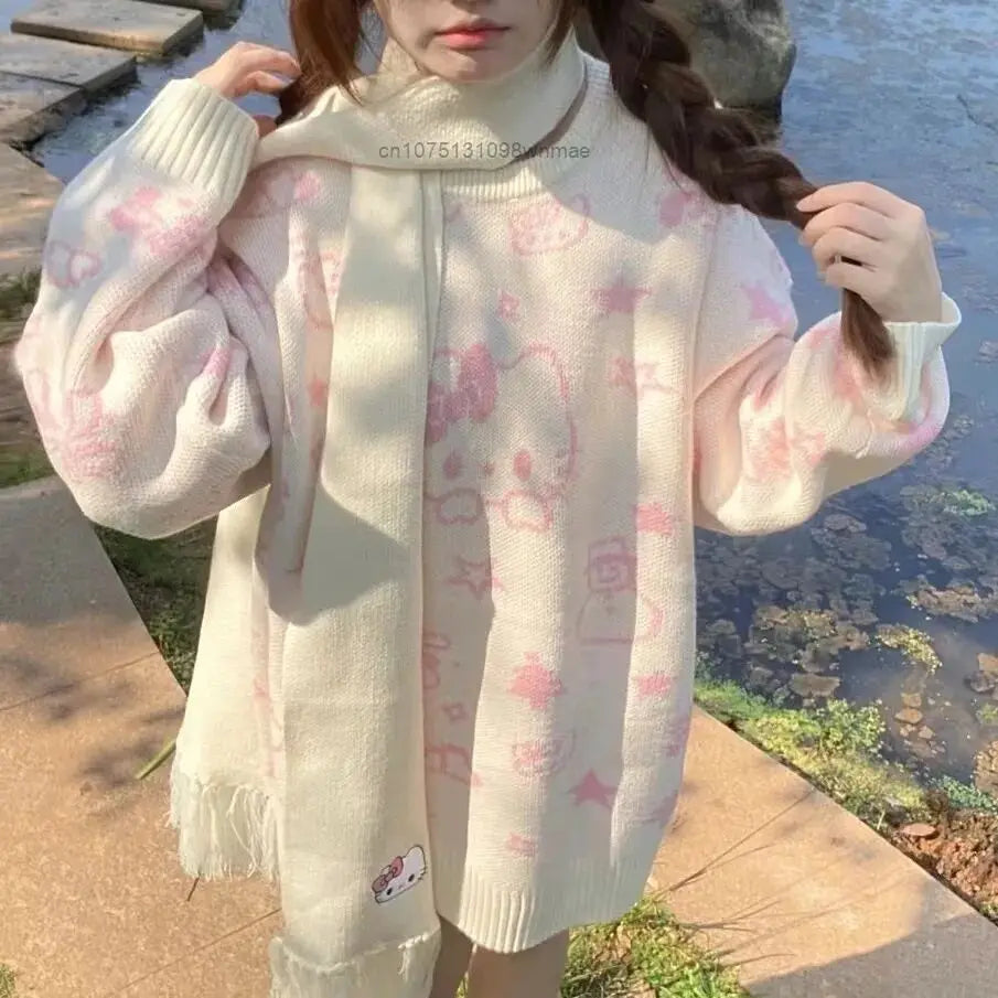 Kerst Hello Kitty schattige gebreide trui met sjaal voor vrouwen Y2k