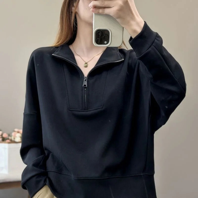 Fashionable and Casual Stand up Collar Sweatshirt Women in Spring and Autumn Loose Semi zipper