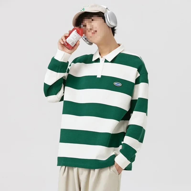 Loose Unisex Spring Autumn Trendy Striped Sweatshirt Cotton Polyester Material Couple Hong Kong