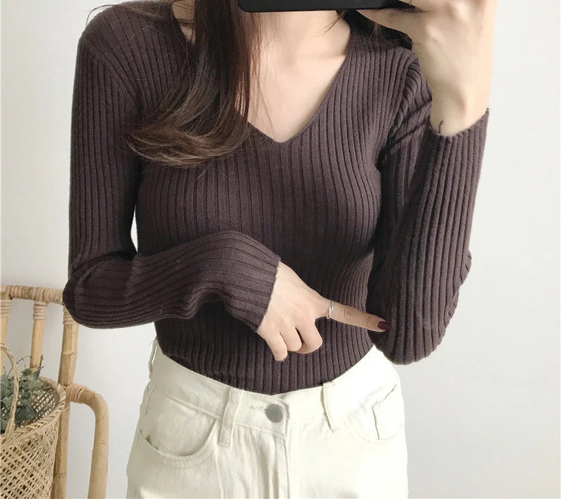 Heliar Dames V-hals Slim Sexy Trui Gebreid Lange Mouw Effen Onderkant Trui