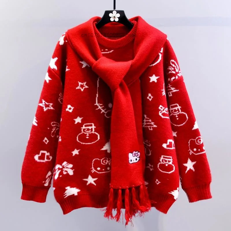 Kerst Hello Kitty schattige gebreide trui met sjaal voor vrouwen Y2k
