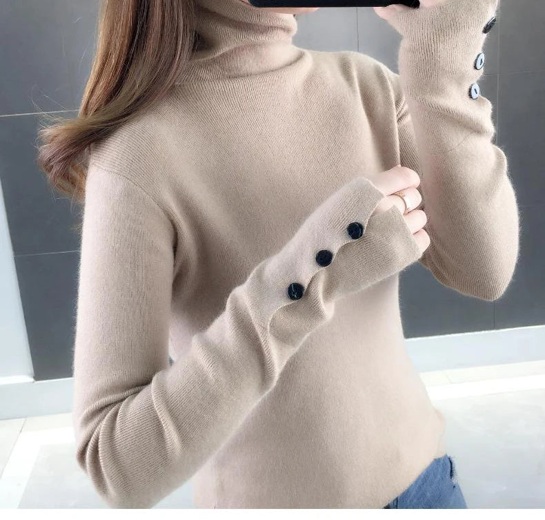Heliar Dames Turtleneck Knopen Effen Warme Trui Lange Mouw Gebreid Basic