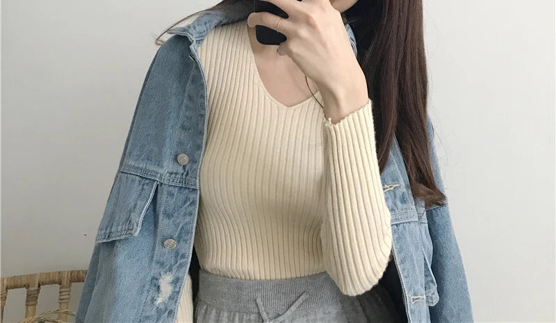 Heliar Dames V-hals Slim Sexy Trui Gebreid Lange Mouw Effen Onderkant Trui