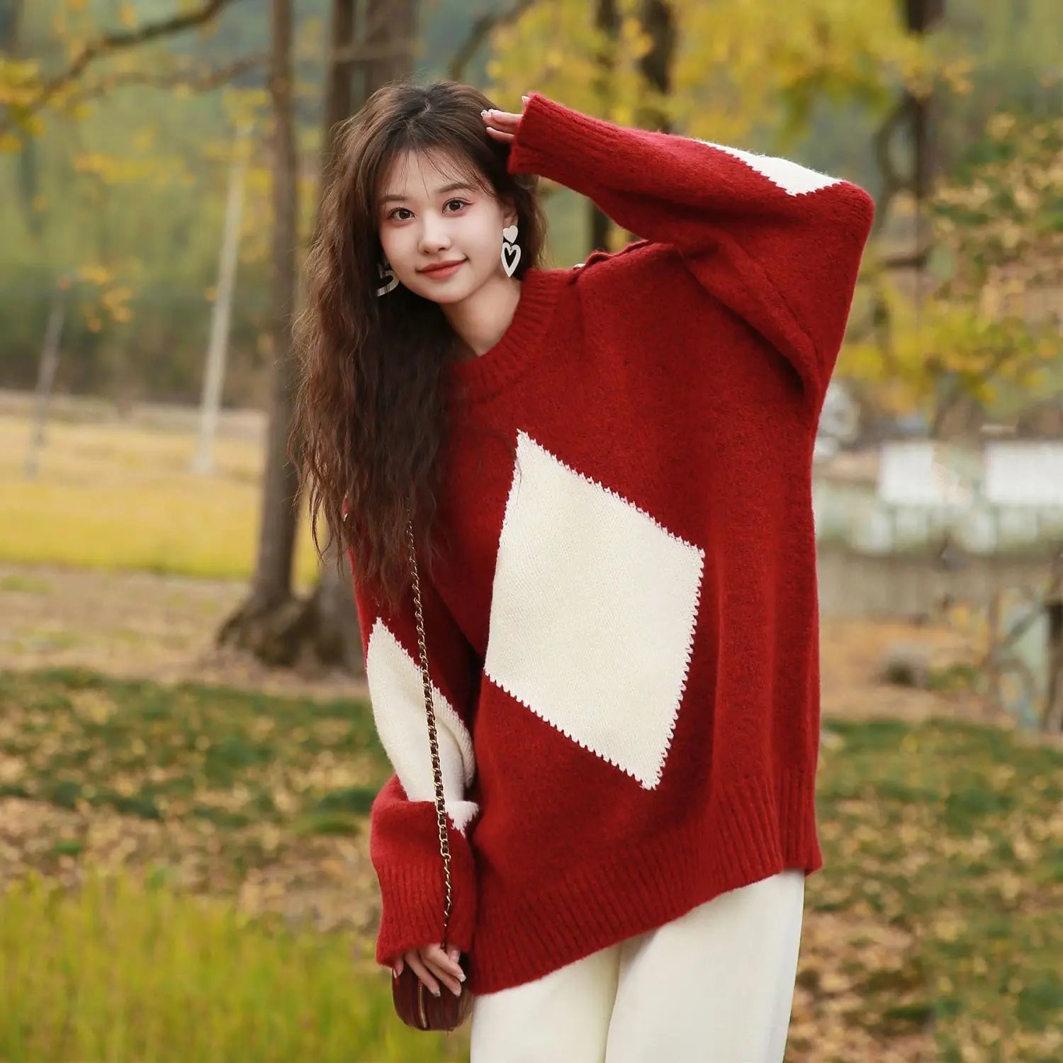 Kerstrode losse trui voor dames, herfst- en wintermode, gebreide top, dik