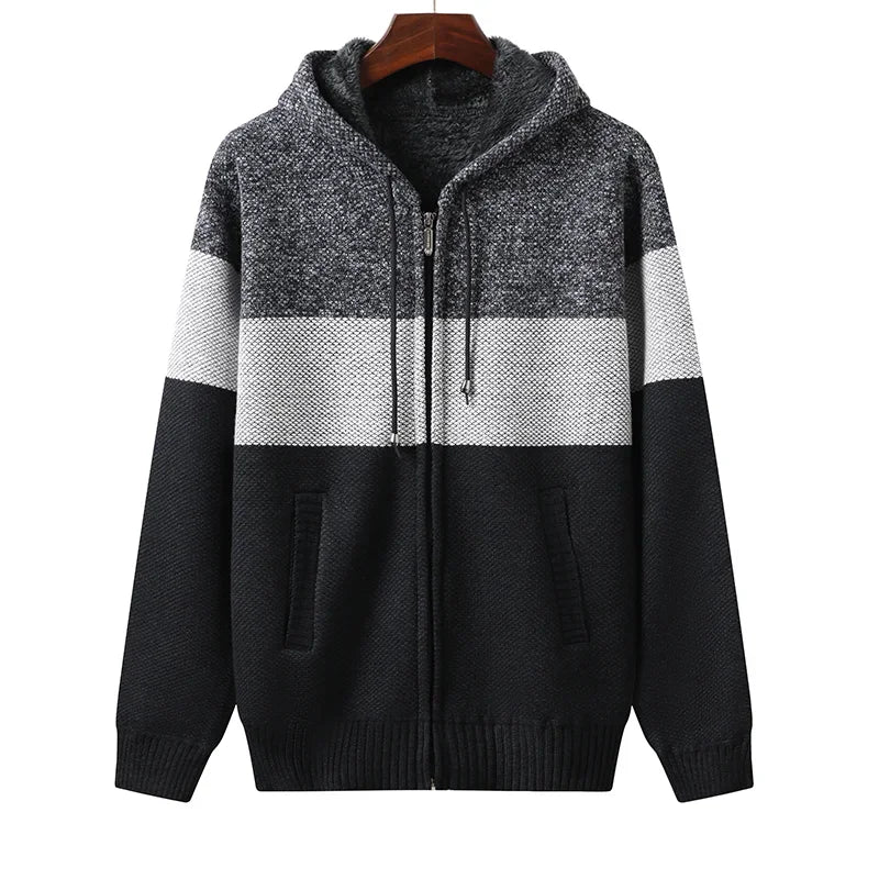 Men s Casual High Neck Long Sleeve Knitted Hoodie Coat Velvet Warmth Autumn Winter Fashion Multi